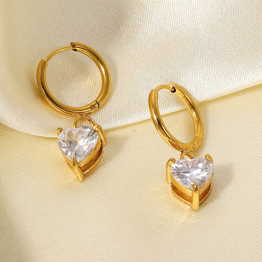 White Heart Huggie Earrings — 18K Gold Plated, CZ Heart Accent, 925 Sterling Silver