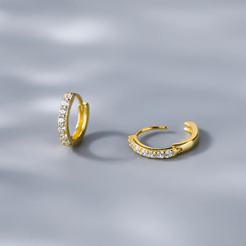 Micro Pave Huggie Hoop Earrings  — 925 Sterling Silver, 18K Gold Plated, CZ