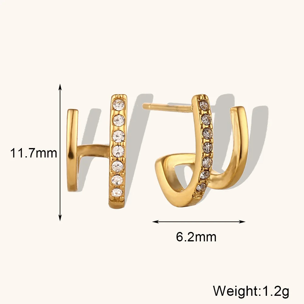 Crystal Paved Double Layer Huggie Earrings - Gold Plated Stainless Steel Stud Earrings