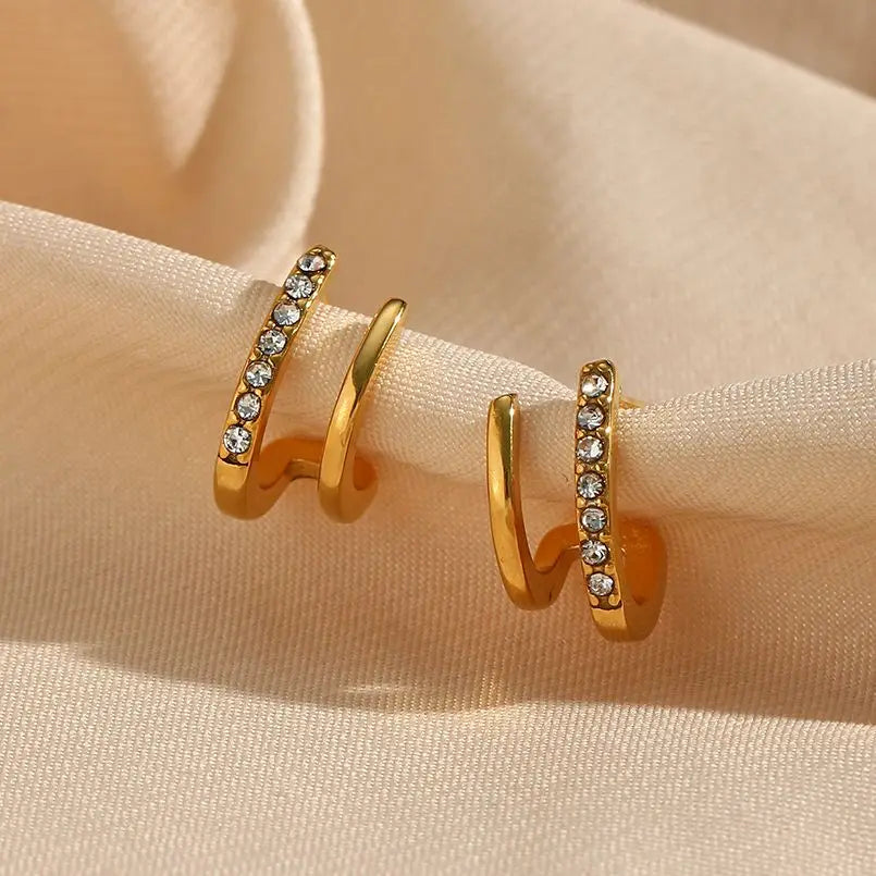 Crystal Paved Double Layer Huggie Earrings - Gold Plated Stainless Steel Stud Earrings