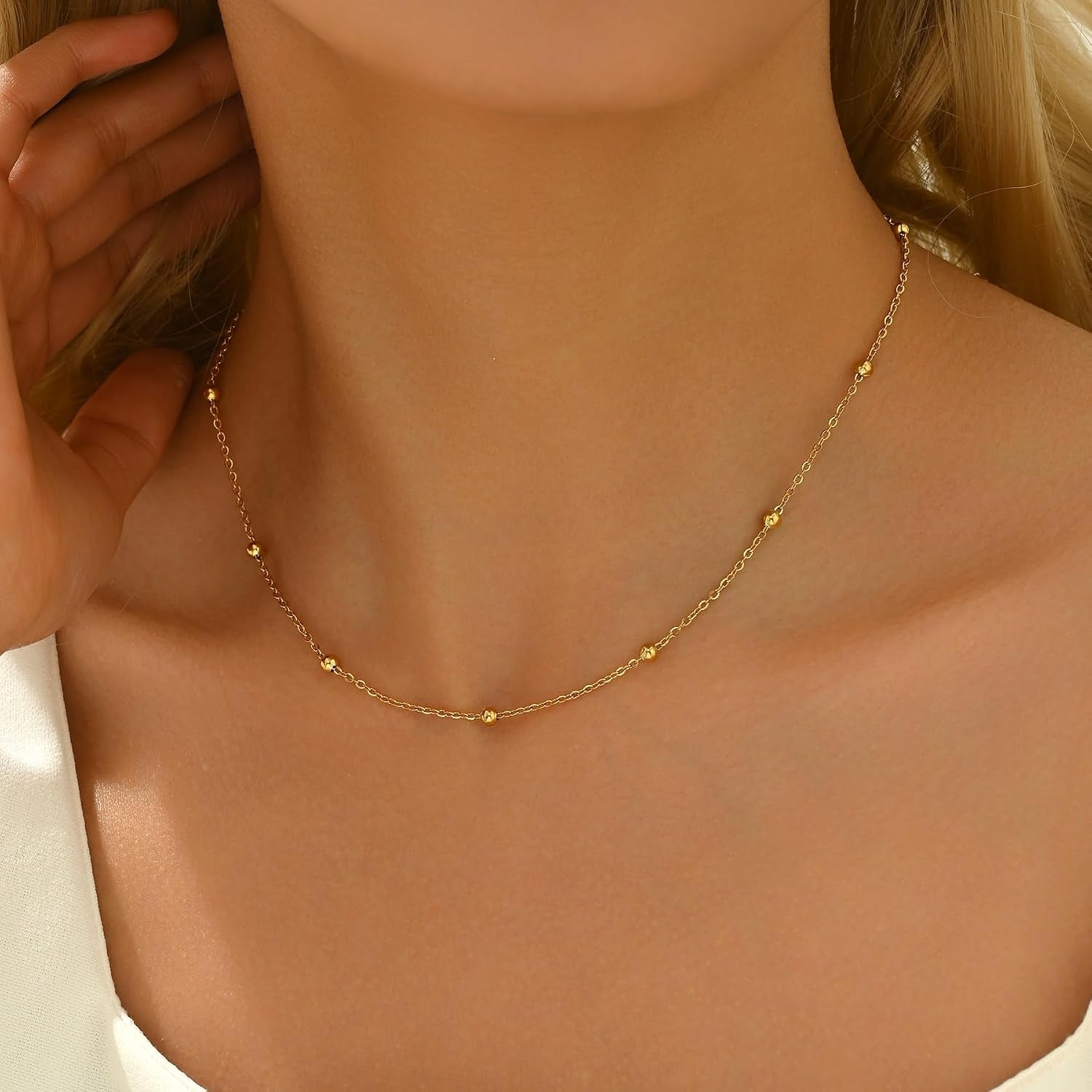 Dainty Gold Chain Necklace for Women 18K Gold Plated | Simple Beaded Herringbone Layering Chain Choker Necklace Stack Waterproof Stainless Steel Trendy Everyday Jewelry Gifts