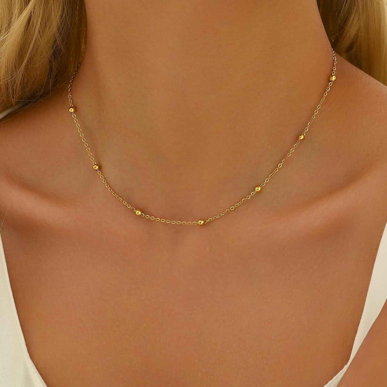 Dainty Gold Chain Necklace for Women 18K Gold Plated | Simple Beaded Herringbone Layering Chain Choker Necklace Stack Waterproof Stainless Steel Trendy Everyday Jewelry Gifts