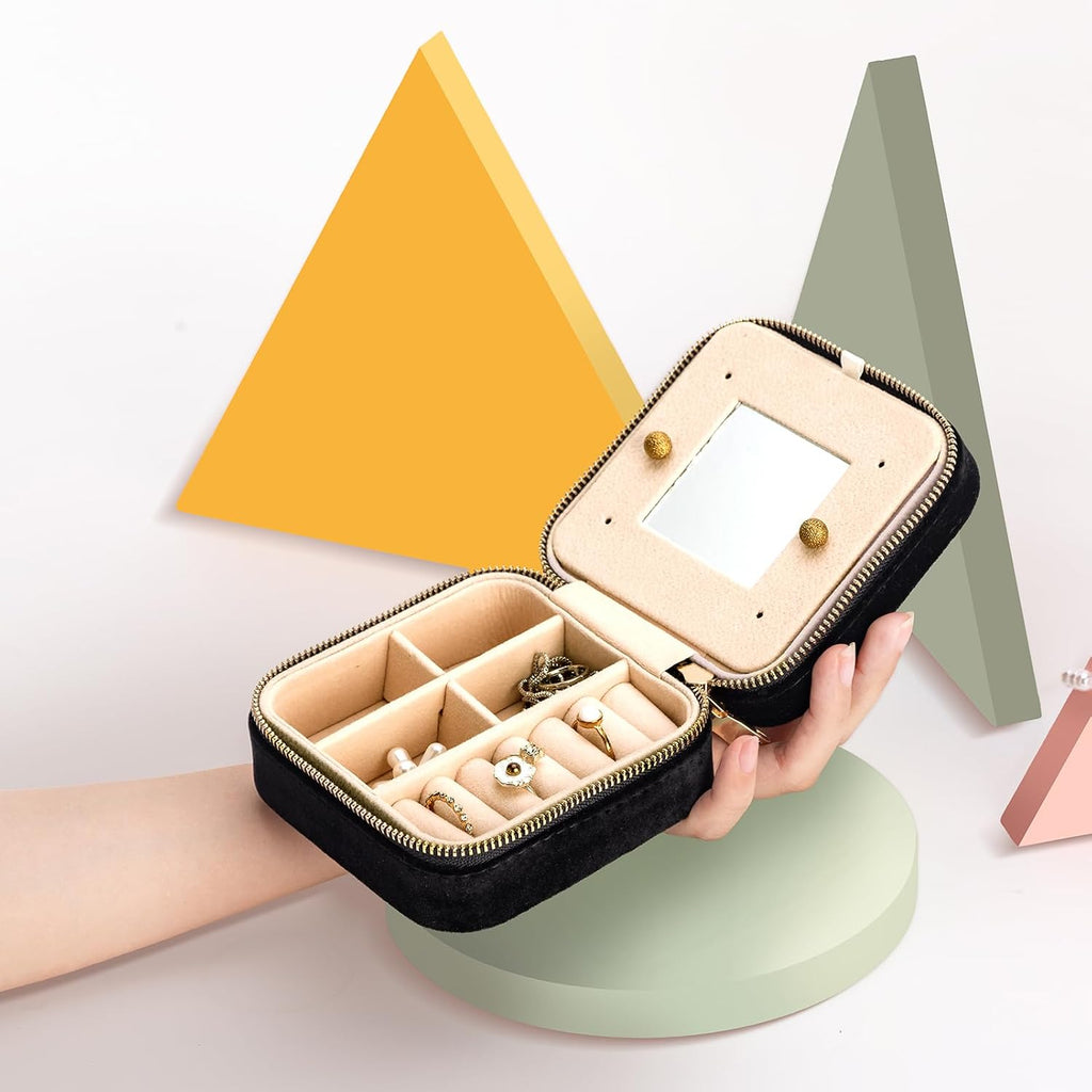 Travel Velvet Jewelry Box with Mirror, Mini Gifts Case for Women Girls, Small Portable Organizer Boxes for Rings Earrings Necklaces Bracelets (Black)