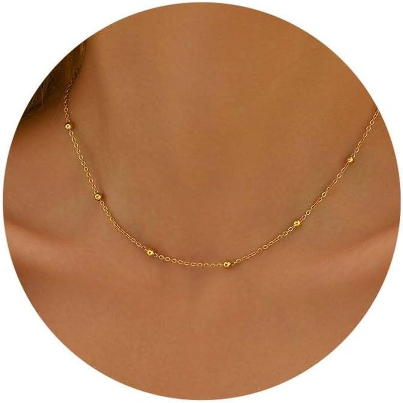 Dainty Gold Chain Necklace for Women 18K Gold Plated | Simple Beaded Herringbone Layering Chain Choker Necklace Stack Waterproof Stainless Steel Trendy Everyday Jewelry Gifts