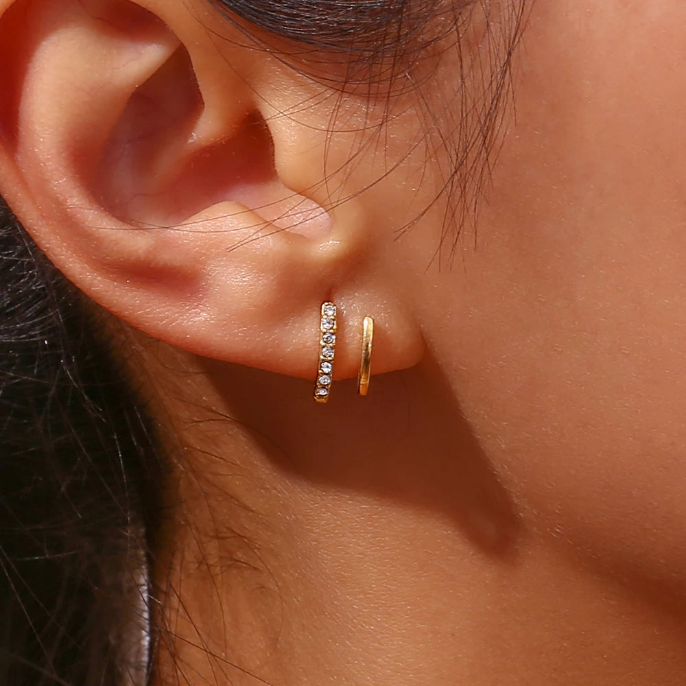 Crystal Paved Double Layer Huggie Earrings - Gold Plated Stainless Steel Stud Earrings