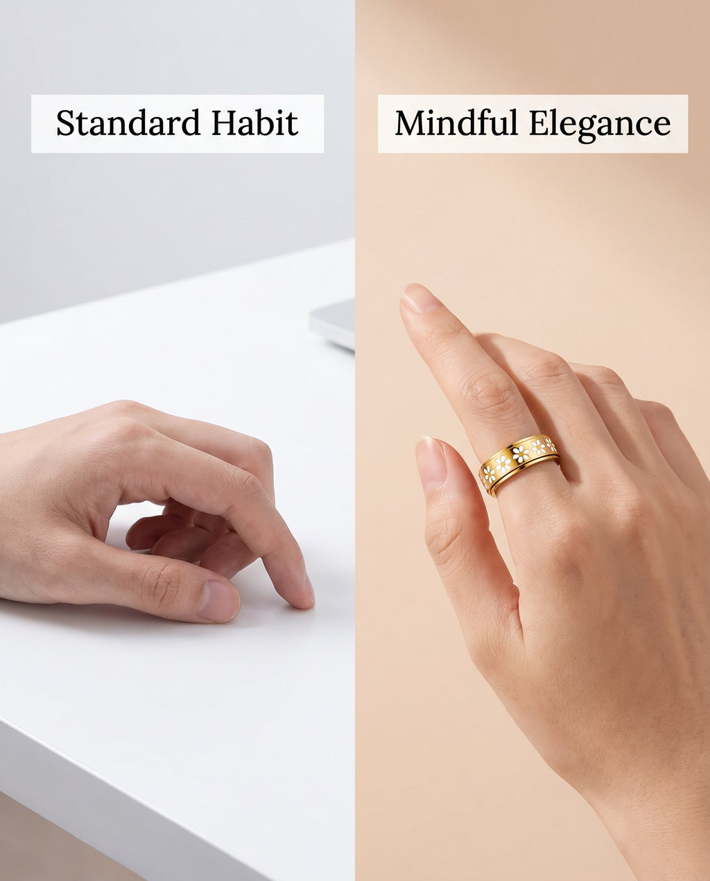 Daisy Fidget Ring – 18K Gold Plated Spinner for Stress & Focus, White Flower Ring