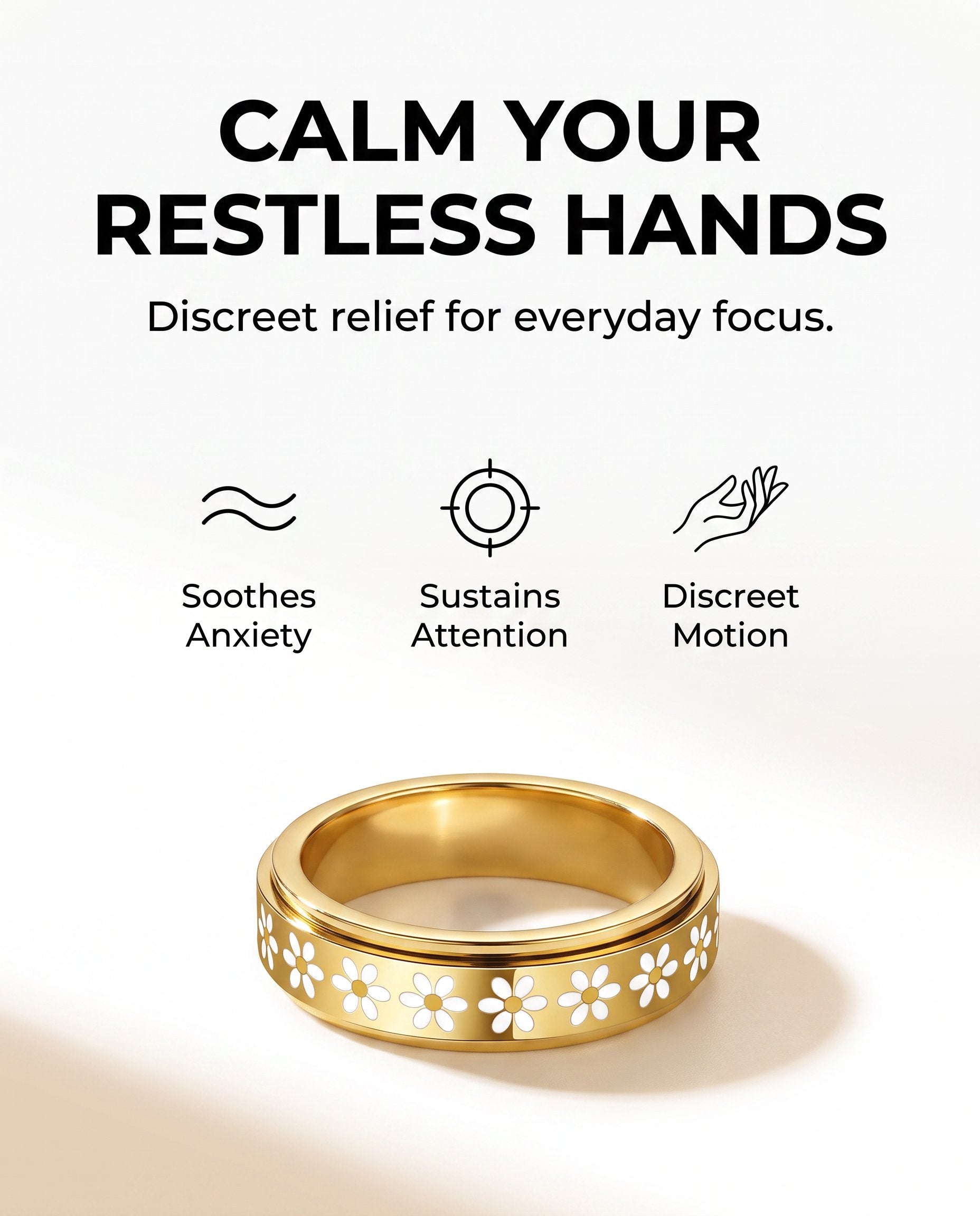 Daisy Fidget Ring – 18K Gold Plated Spinner for Stress & Focus, White Flower Ring
