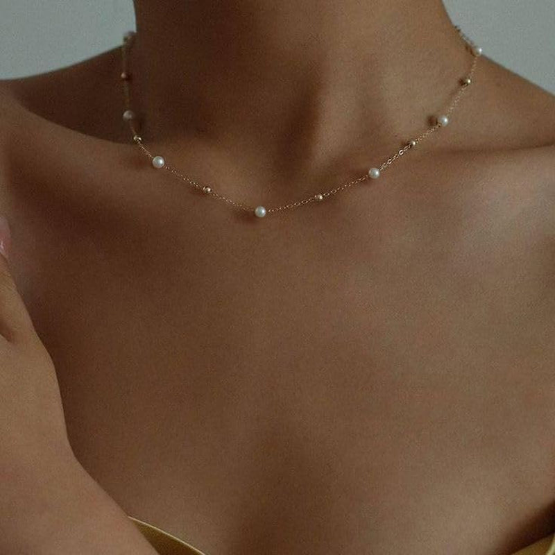 Gold Pearl Necklaces for Women, Dainty Small Simple 18K Gold Plated Choker Bead Necklaces for Women Handmade Pearl Jewelry Bridesmaid Gifts Style 1