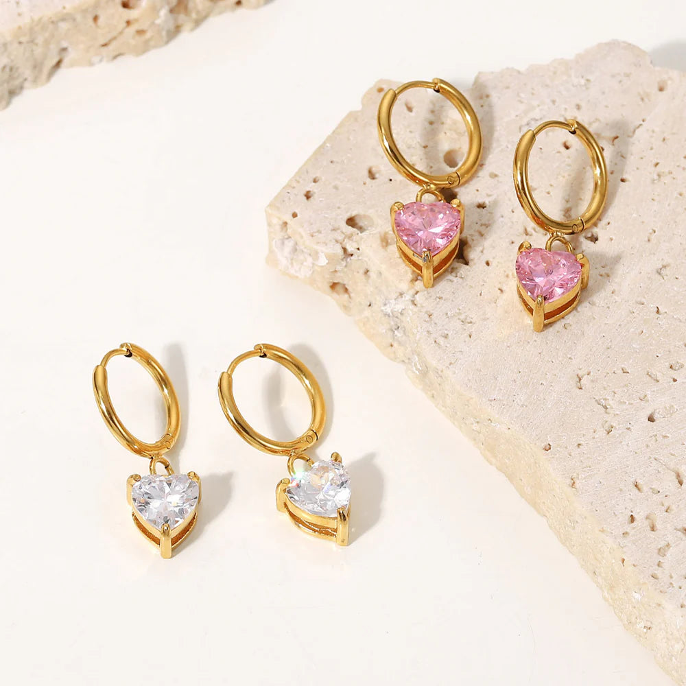 White Heart Huggie Earrings — 18K Gold Plated, CZ Heart Accent, 925 Sterling Silver