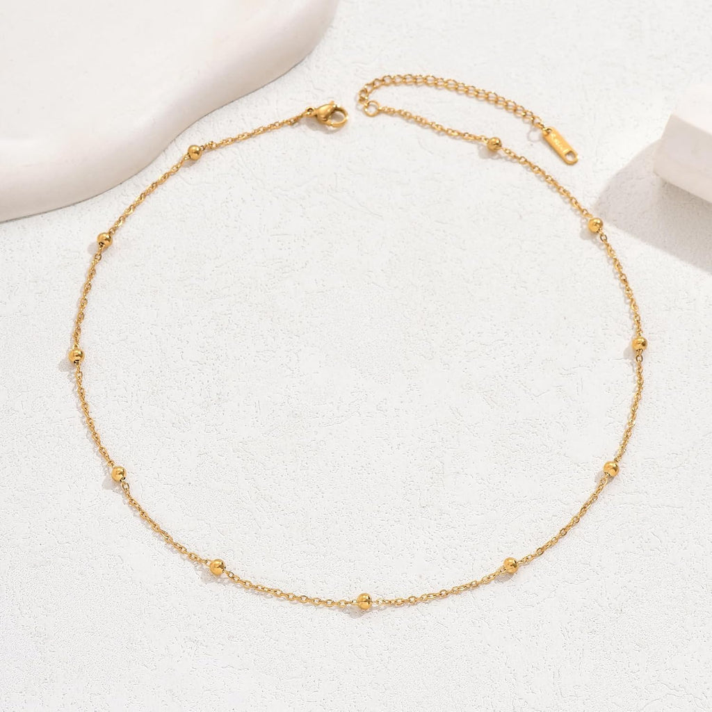 Dainty Gold Chain Necklace for Women 18K Gold Plated | Simple Beaded Herringbone Layering Chain Choker Necklace Stack Waterproof Stainless Steel Trendy Everyday Jewelry Gifts