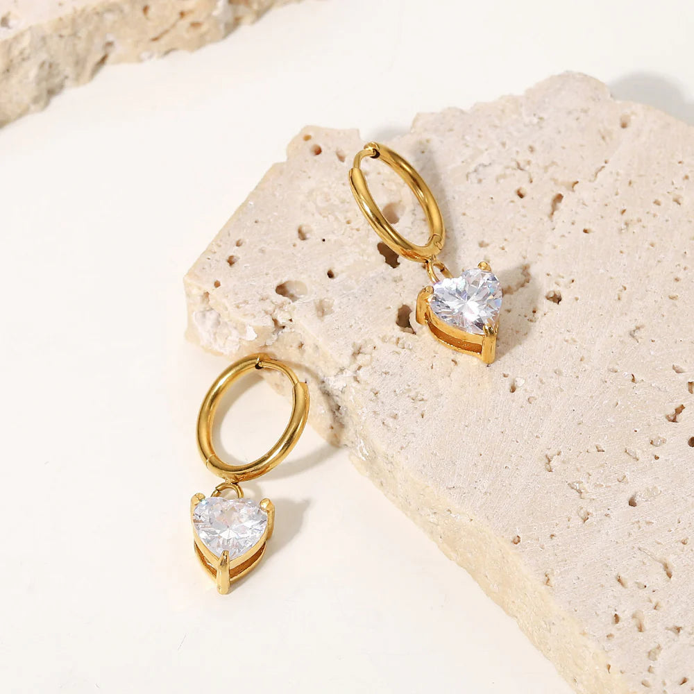White Heart Huggie Earrings — 18K Gold Plated, CZ Heart Accent, 925 Sterling Silver