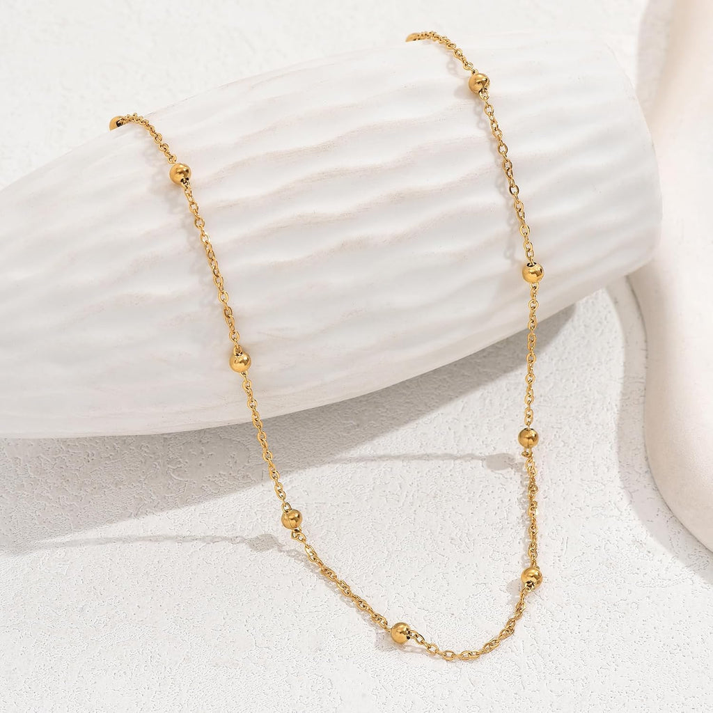 Dainty Gold Chain Necklace for Women 18K Gold Plated | Simple Beaded Herringbone Layering Chain Choker Necklace Stack Waterproof Stainless Steel Trendy Everyday Jewelry Gifts