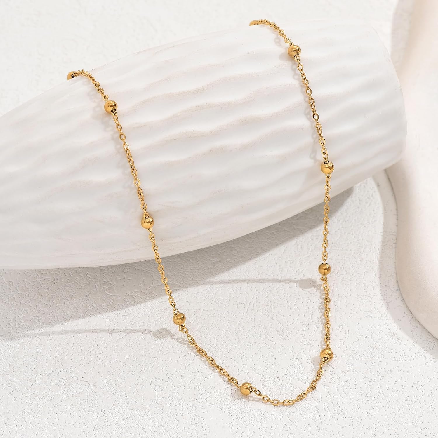 Dainty Gold Chain Necklace for Women 18K Gold Plated | Simple Beaded Herringbone Layering Chain Choker Necklace Stack Waterproof Stainless Steel Trendy Everyday Jewelry Gifts